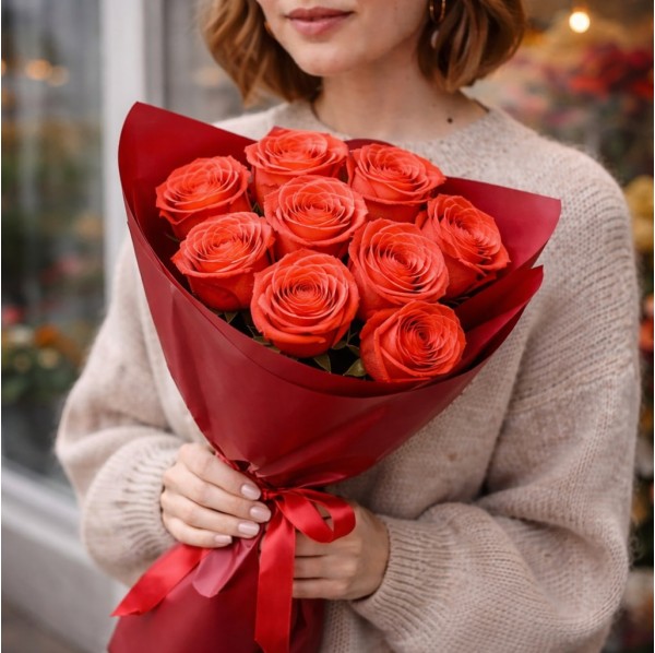 Букет коралловые розы 9 шт.
