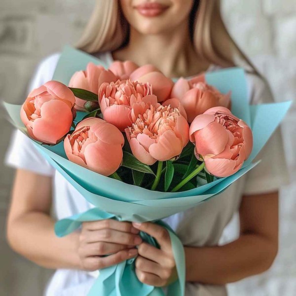 9 коралловых пионов